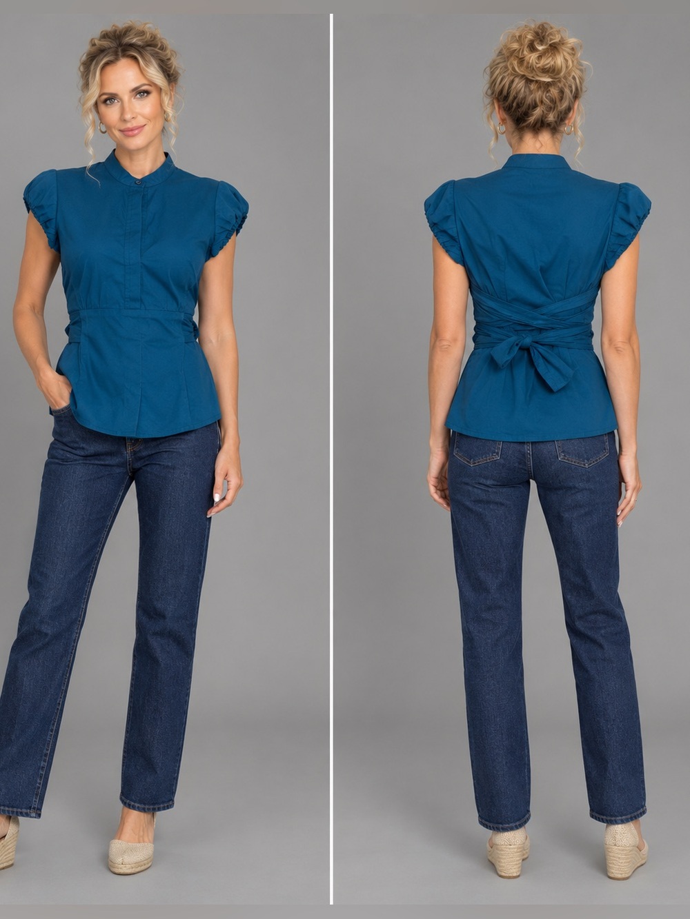 Teal Short-Sleeve Tie-Back Blouse by Dynamite Size S